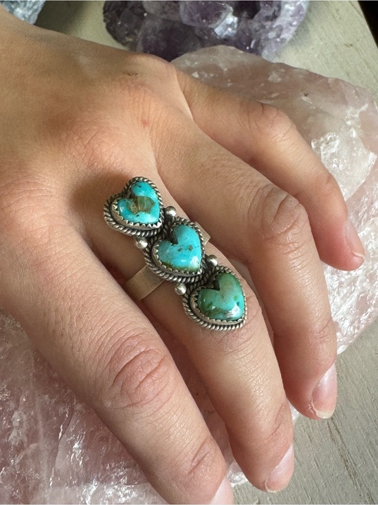 925 Sterling Silver Jewelry - Sonoran Mountain Turquoise Triple Heart Sterling Silver Statement Ring